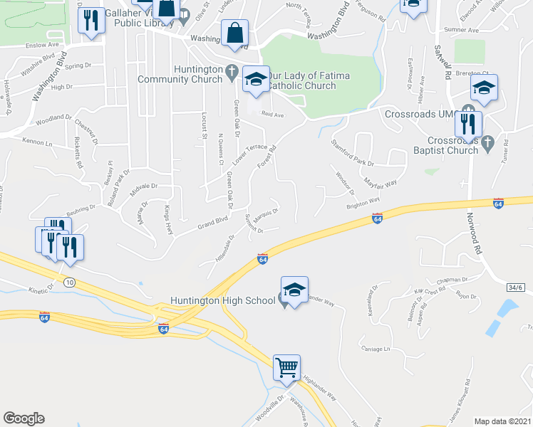 map of restaurants, bars, coffee shops, grocery stores, and more near 7 Marquis Drive in Huntington