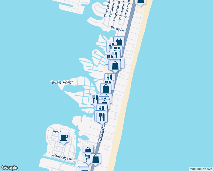 map of restaurants, bars, coffee shops, grocery stores, and more near 105 79th Street in Ocean City