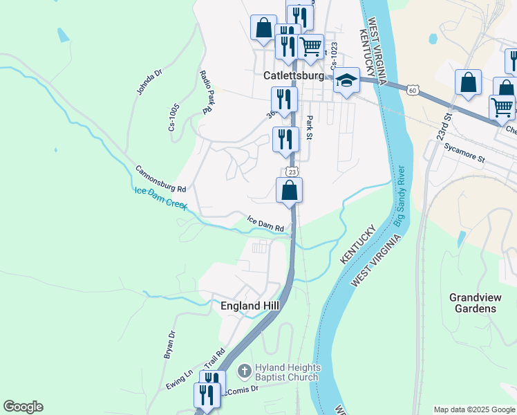 map of restaurants, bars, coffee shops, grocery stores, and more near 122 38th Street in Catlettsburg