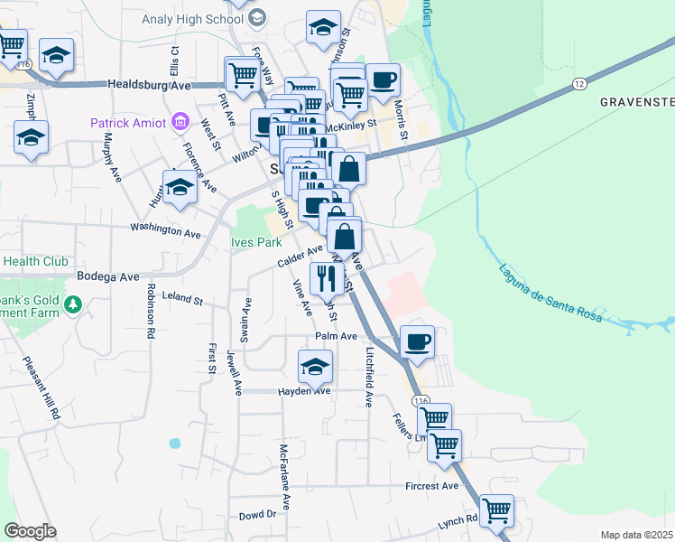 map of restaurants, bars, coffee shops, grocery stores, and more near 476 South Main Street in Sebastopol