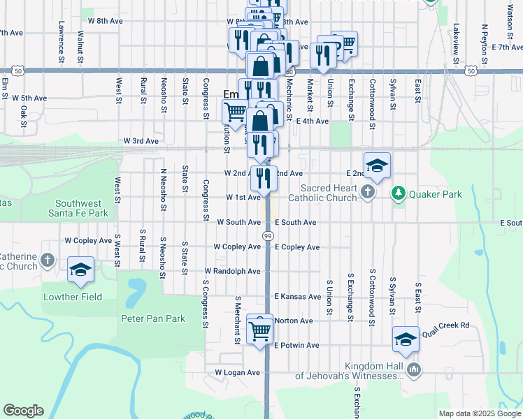 map of restaurants, bars, coffee shops, grocery stores, and more near 22 Commercial Street in Emporia