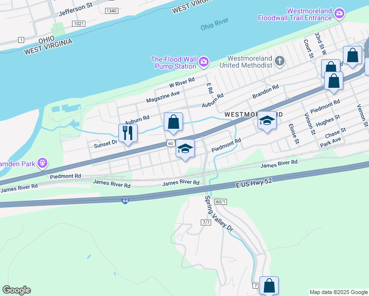 map of restaurants, bars, coffee shops, grocery stores, and more near in Huntington