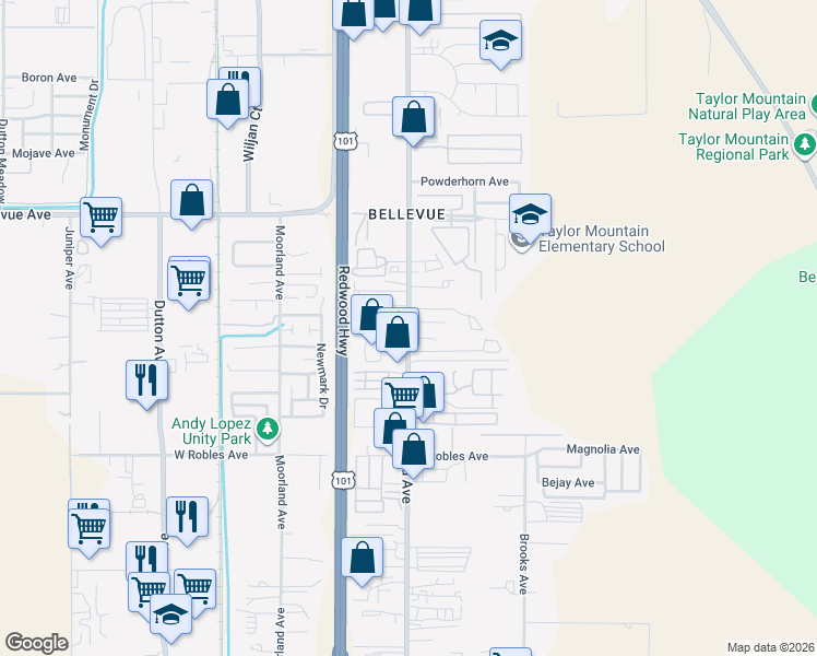 map of restaurants, bars, coffee shops, grocery stores, and more near 3231 Santa Rosa Avenue in Santa Rosa