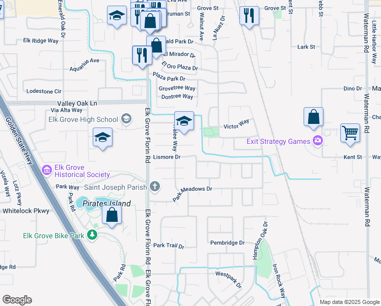 map of restaurants, bars, coffee shops, grocery stores, and more near 8965 Lismore Drive in Elk Grove
