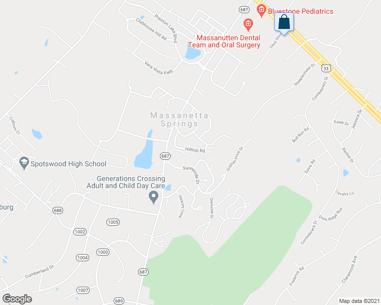 map of restaurants, bars, coffee shops, grocery stores, and more near 4285 Hilltop Road in Harrisonburg