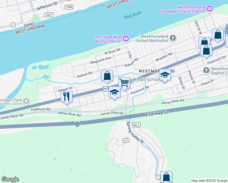 map of restaurants, bars, coffee shops, grocery stores, and more near in Huntington