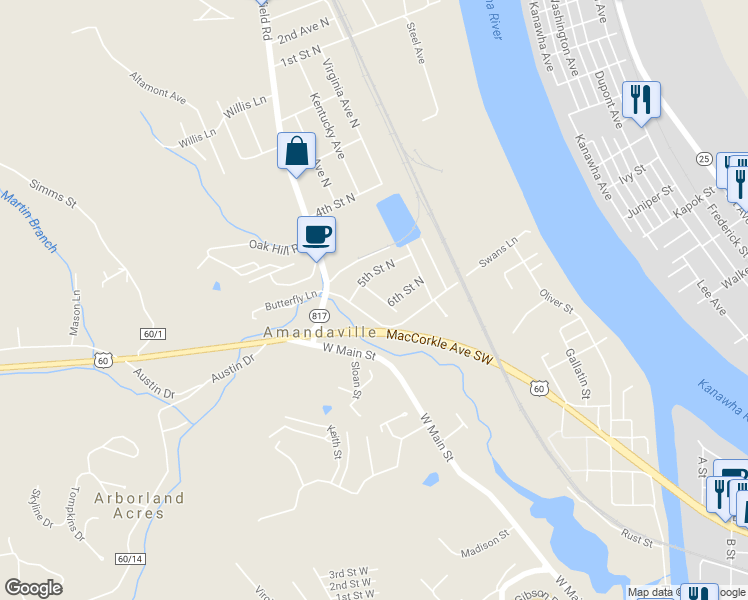 map of restaurants, bars, coffee shops, grocery stores, and more near 109 Pennsylvania Avenue North in Saint Albans