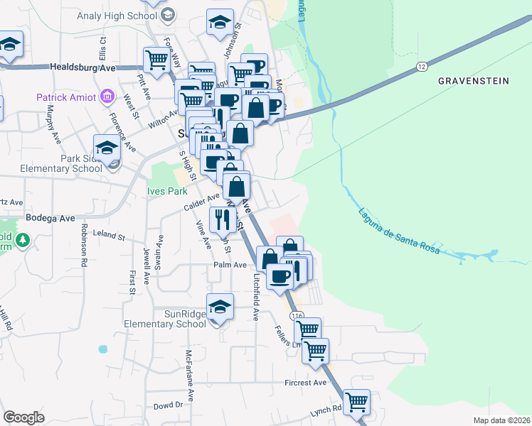 map of restaurants, bars, coffee shops, grocery stores, and more near 6855 Walker Avenue in Sebastopol