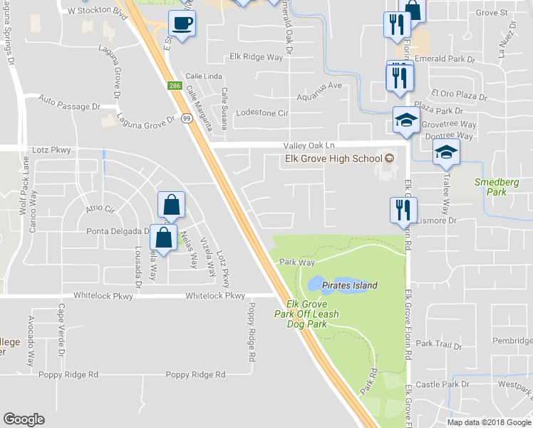 map of restaurants, bars, coffee shops, grocery stores, and more near 8713 Los Encantos Circle in Elk Grove
