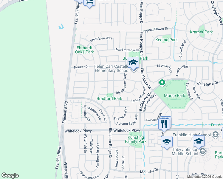 map of restaurants, bars, coffee shops, grocery stores, and more near 5114 Wild Meadow Place in Elk Grove