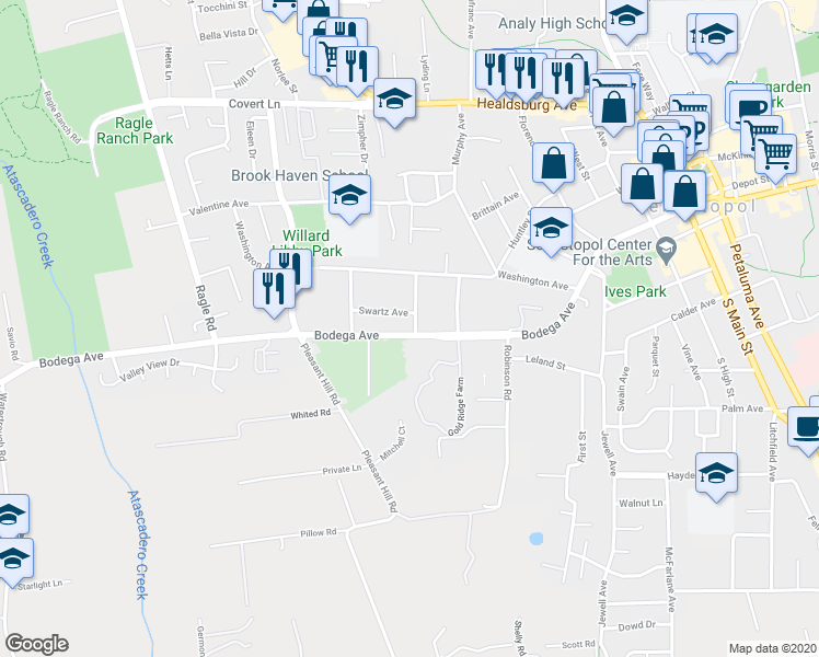 map of restaurants, bars, coffee shops, grocery stores, and more near 102 Virginia Avenue in Sebastopol