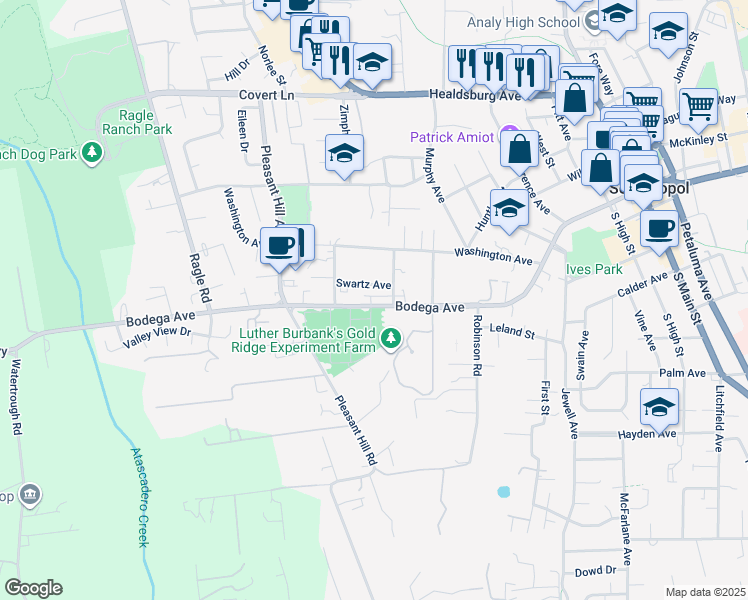 map of restaurants, bars, coffee shops, grocery stores, and more near 102 Virginia Avenue in Sebastopol