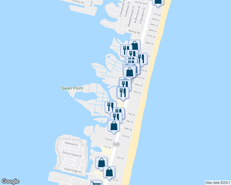 map of restaurants, bars, coffee shops, grocery stores, and more near 118 78th Street in Ocean City