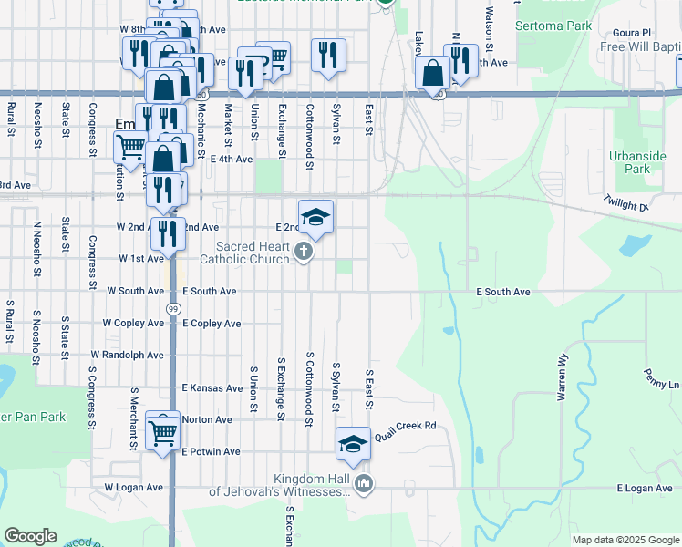 map of restaurants, bars, coffee shops, grocery stores, and more near 16-28 Sylvan Street in Emporia