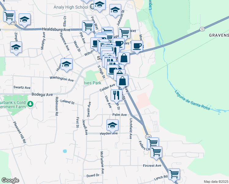 map of restaurants, bars, coffee shops, grocery stores, and more near 451 South High Street in Sebastopol
