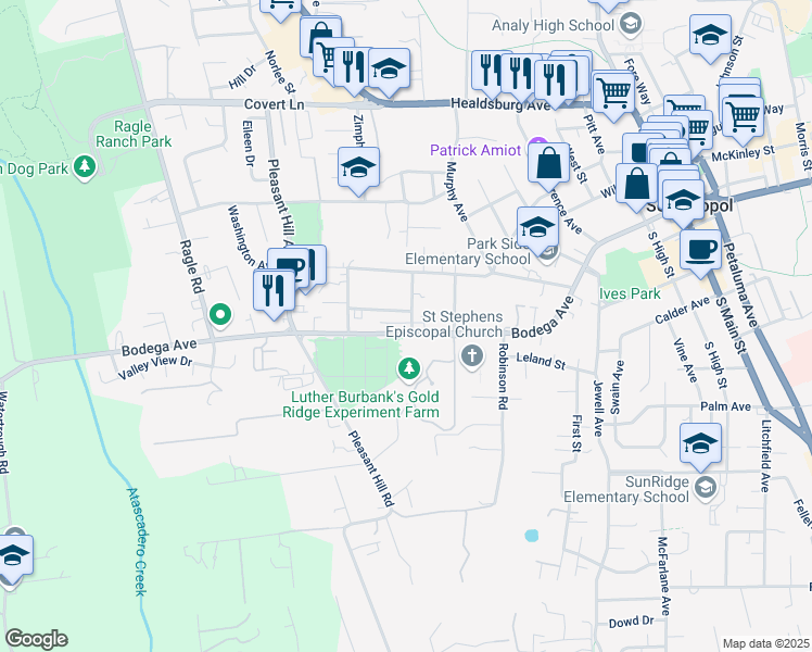 map of restaurants, bars, coffee shops, grocery stores, and more near 102 Virginia Avenue in Sebastopol