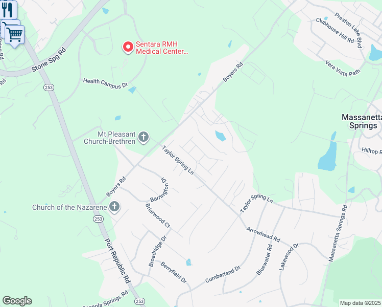 map of restaurants, bars, coffee shops, grocery stores, and more near 1441 Natural Spring Lane in Harrisonburg