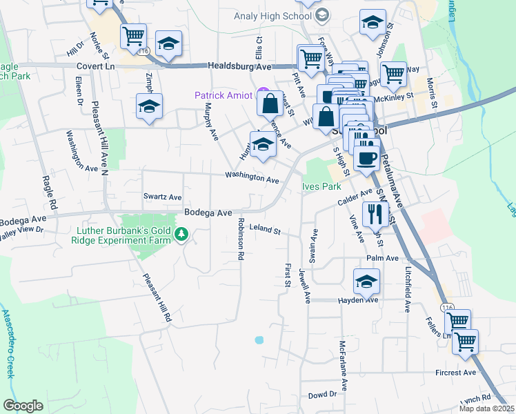 map of restaurants, bars, coffee shops, grocery stores, and more near 7660 Bodega Avenue in Sebastopol