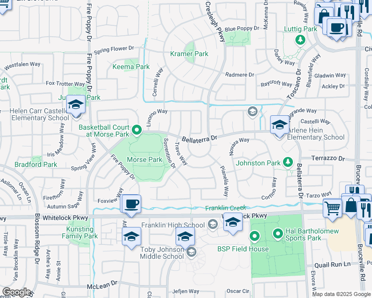 map of restaurants, bars, coffee shops, grocery stores, and more near 6108 Ravenna Way in Elk Grove
