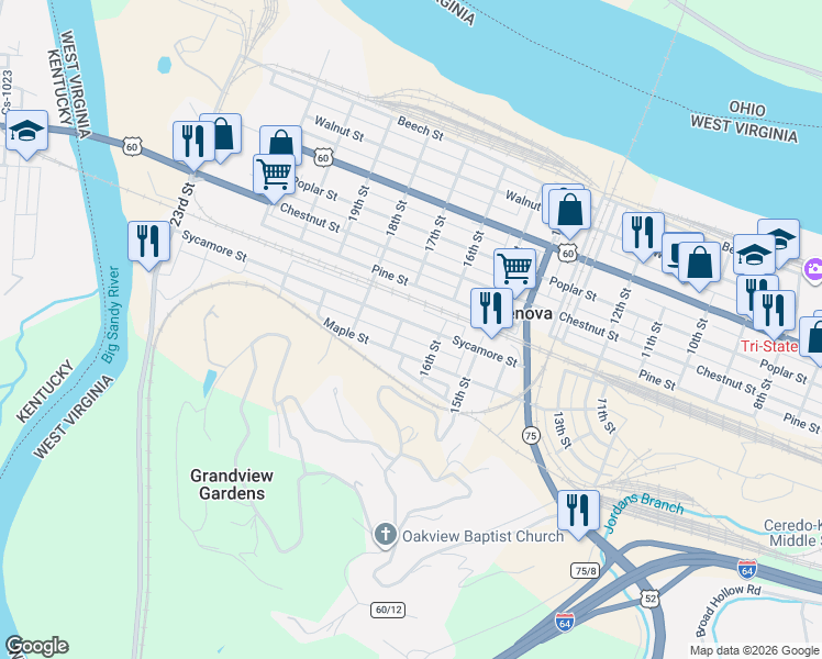 map of restaurants, bars, coffee shops, grocery stores, and more near 1620 Sycamore Street in Kenova