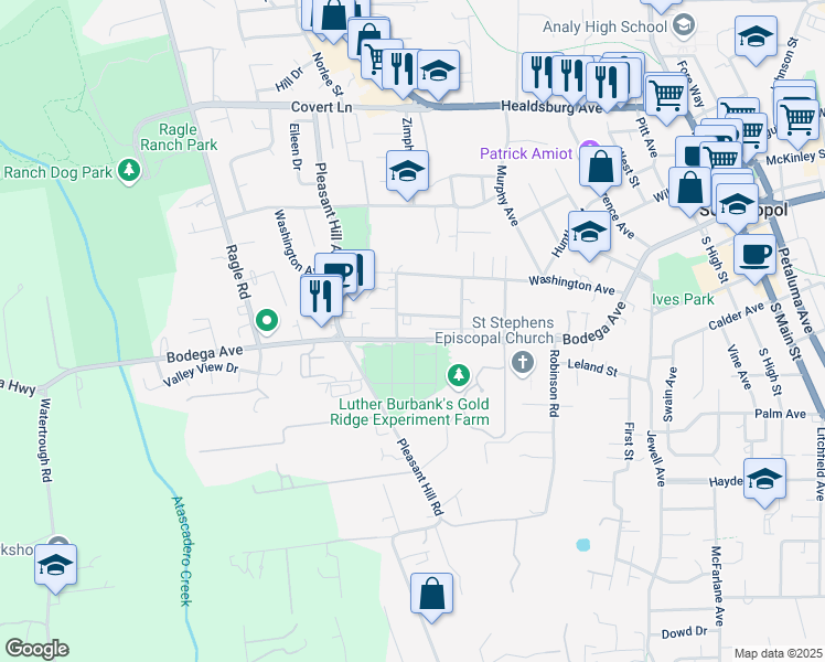 map of restaurants, bars, coffee shops, grocery stores, and more near 7940 Bodega Avenue in Sebastopol