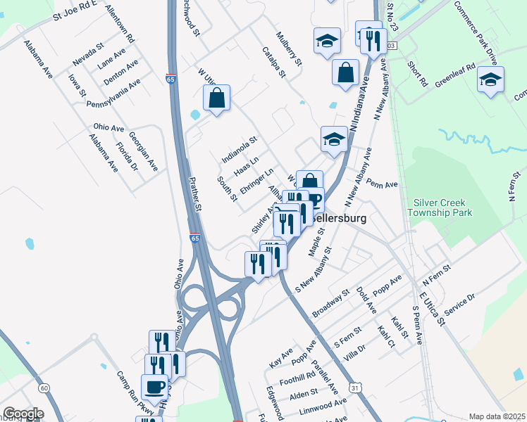 map of restaurants, bars, coffee shops, grocery stores, and more near 232 Shirley Ave in Sellersburg