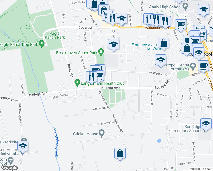 map of restaurants, bars, coffee shops, grocery stores, and more near 7950 Bodega Avenue in Sebastopol