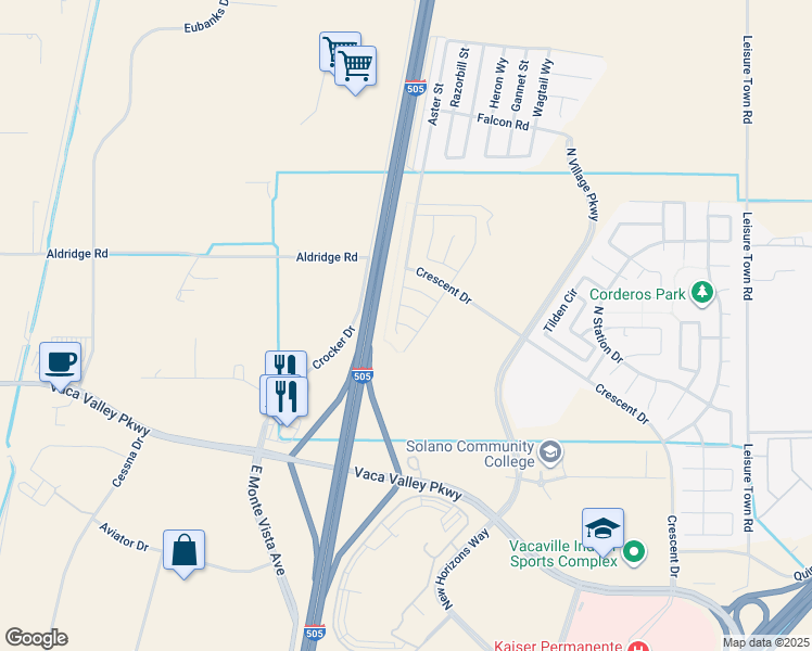 map of restaurants, bars, coffee shops, grocery stores, and more near Kingdom Road in Vacaville