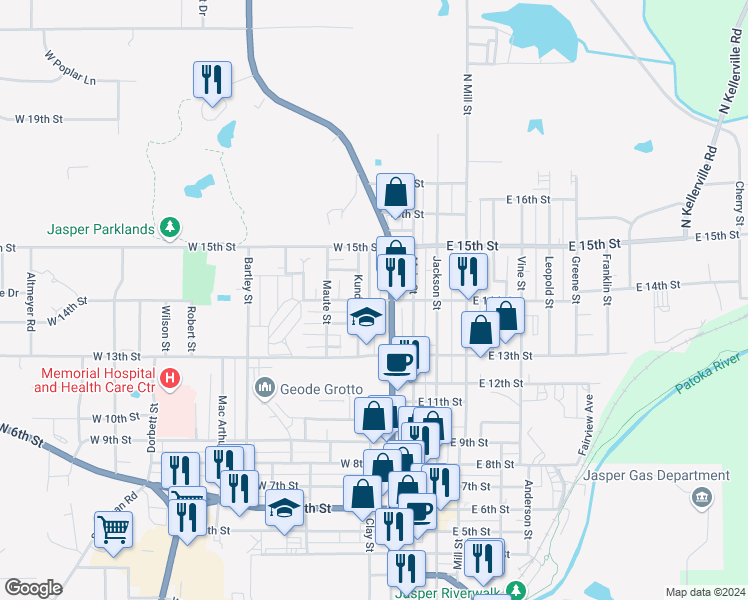 map of restaurants, bars, coffee shops, grocery stores, and more near 274 West 14th Street in Jasper