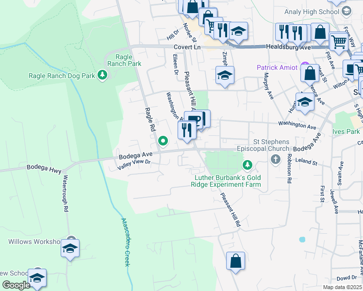 map of restaurants, bars, coffee shops, grocery stores, and more near 8086 Bodega Avenue in Sebastopol