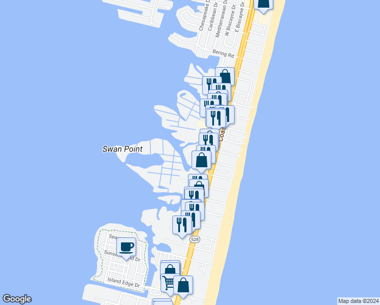map of restaurants, bars, coffee shops, grocery stores, and more near 118 78th Street in Ocean City