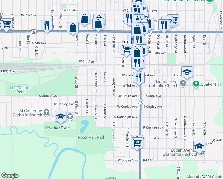 map of restaurants, bars, coffee shops, grocery stores, and more near 17 Congress Street in Emporia