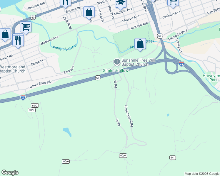 map of restaurants, bars, coffee shops, grocery stores, and more near 1636 West Road in Huntington