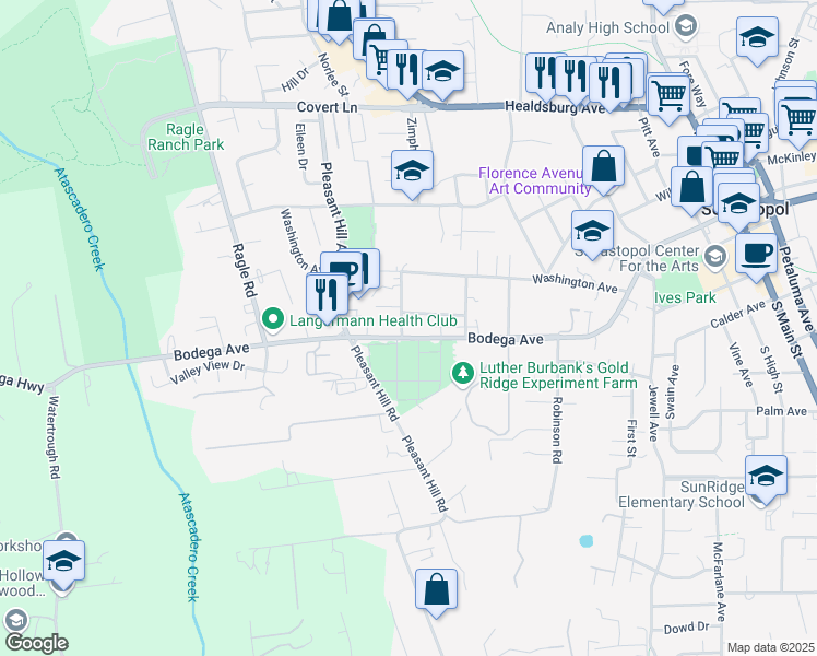 map of restaurants, bars, coffee shops, grocery stores, and more near 7920 Bodega Avenue in Sebastopol