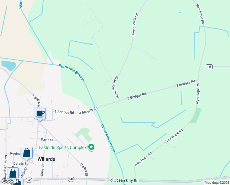 map of restaurants, bars, coffee shops, grocery stores, and more near 7627 Green Lewis Road in Willards