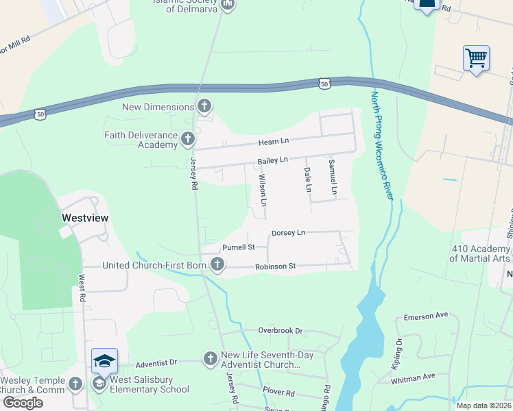 map of restaurants, bars, coffee shops, grocery stores, and more near 1707 Wilson Lane in Salisbury