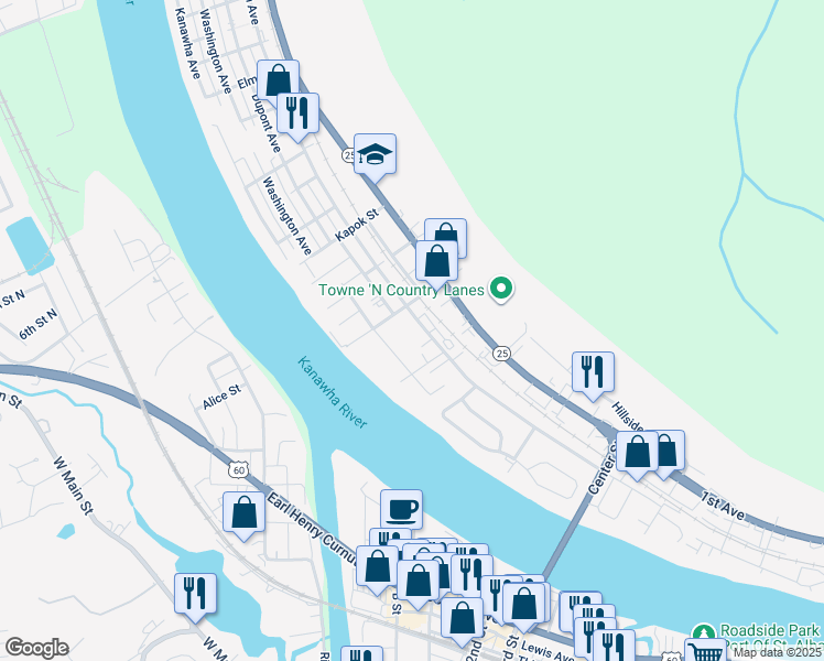 map of restaurants, bars, coffee shops, grocery stores, and more near 1201-1219 Main Ave in Nitro