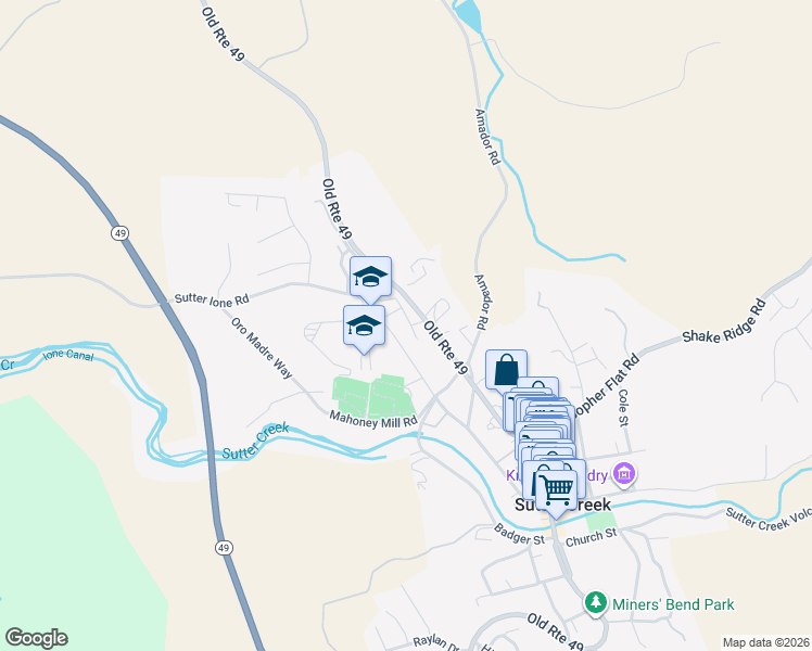 map of restaurants, bars, coffee shops, grocery stores, and more near 215 Amador Trail in Sutter Creek