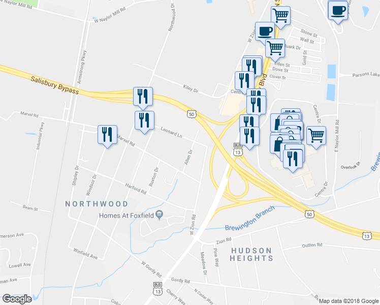 map of restaurants, bars, coffee shops, grocery stores, and more near 2298 Allen Drive in Salisbury