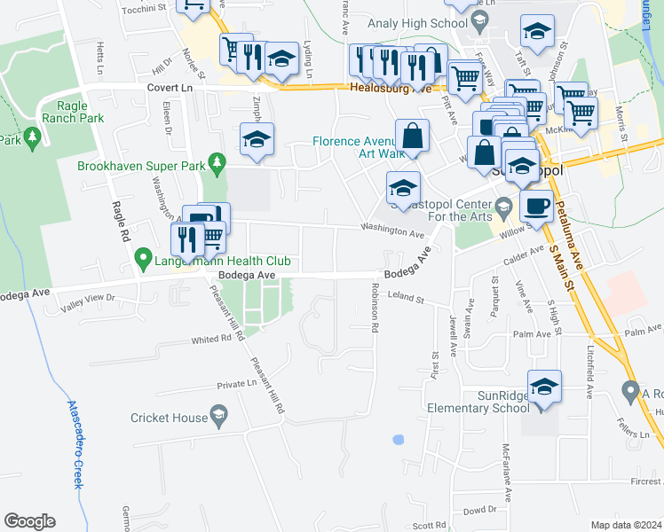 map of restaurants, bars, coffee shops, grocery stores, and more near 100 Nelson Way in Sebastopol