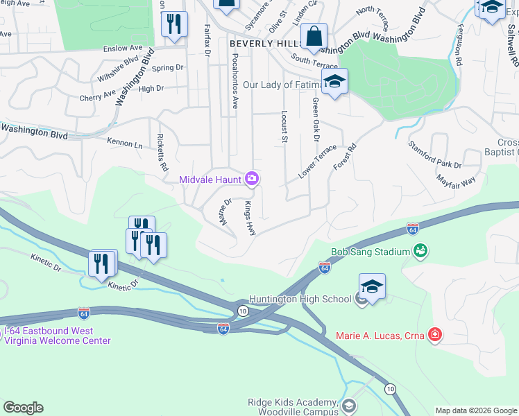 map of restaurants, bars, coffee shops, grocery stores, and more near 25 South Queens Court in Huntington