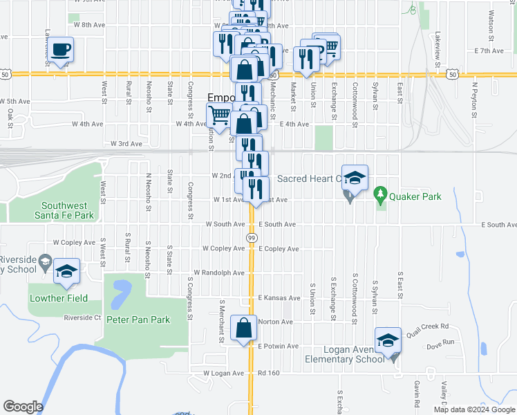map of restaurants, bars, coffee shops, grocery stores, and more near 22 Commercial St in Emporia