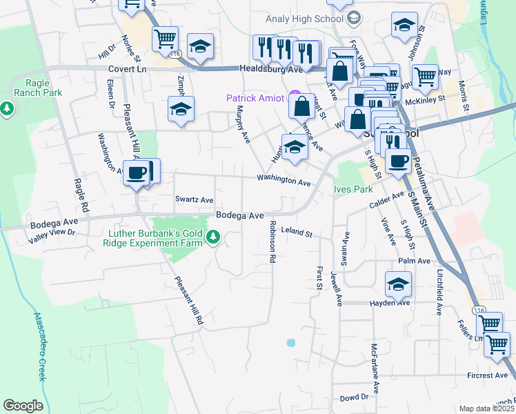 map of restaurants, bars, coffee shops, grocery stores, and more near 7760 Bodega Avenue in Sebastopol