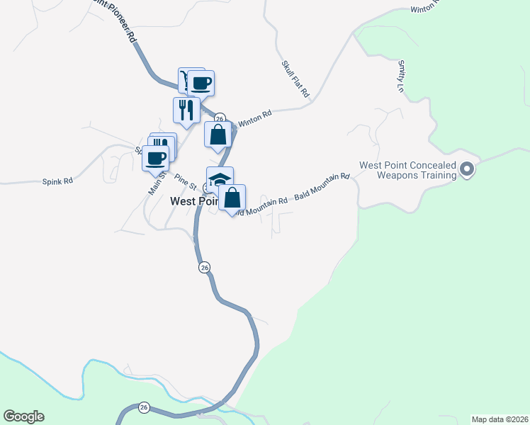 map of restaurants, bars, coffee shops, grocery stores, and more near 190 Bald Mountain Road in West Point
