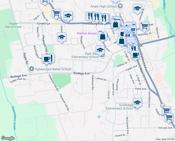 map of restaurants, bars, coffee shops, grocery stores, and more near 7760 Bodega Avenue in Sebastopol