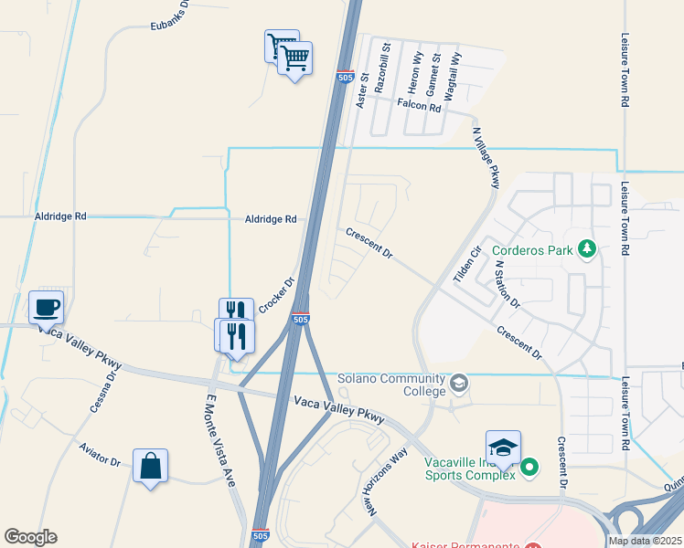 map of restaurants, bars, coffee shops, grocery stores, and more near 712 Kingdom Road in Vacaville