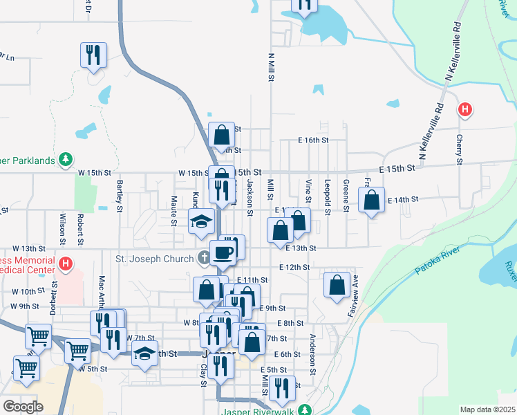map of restaurants, bars, coffee shops, grocery stores, and more near 210 E 14th St in Jasper