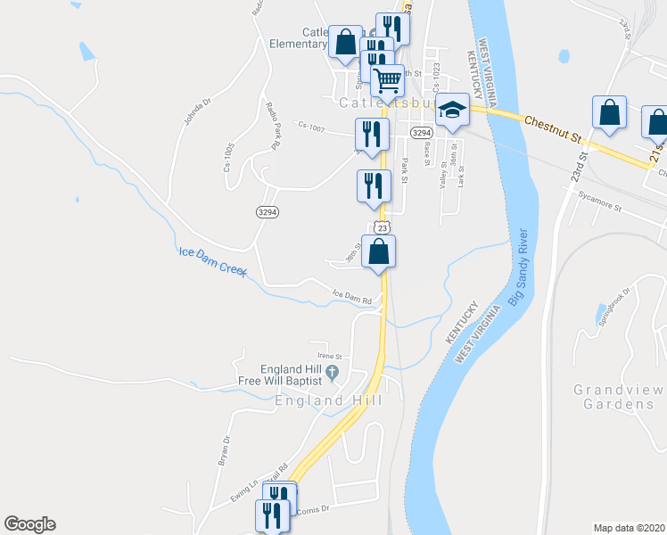 map of restaurants, bars, coffee shops, grocery stores, and more near 122 38th Street in Catlettsburg