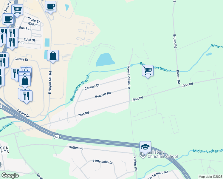 map of restaurants, bars, coffee shops, grocery stores, and more near 30551 Bennett Road in Salisbury