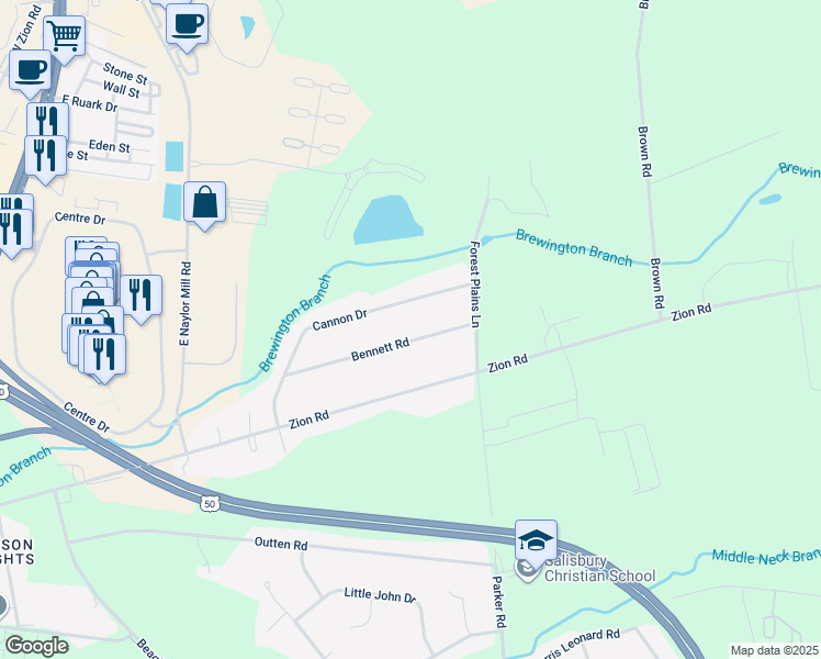 map of restaurants, bars, coffee shops, grocery stores, and more near 30551 Bennett Road in Salisbury